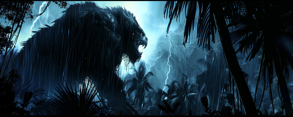 A giant shadowing beast in a storm jungle with lightning striking behind it