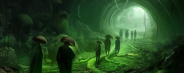 A scattering of mushroom people walk through a dimly lit tunnel