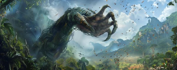 An enormous monstrous claw emerges above a jungle landscape.