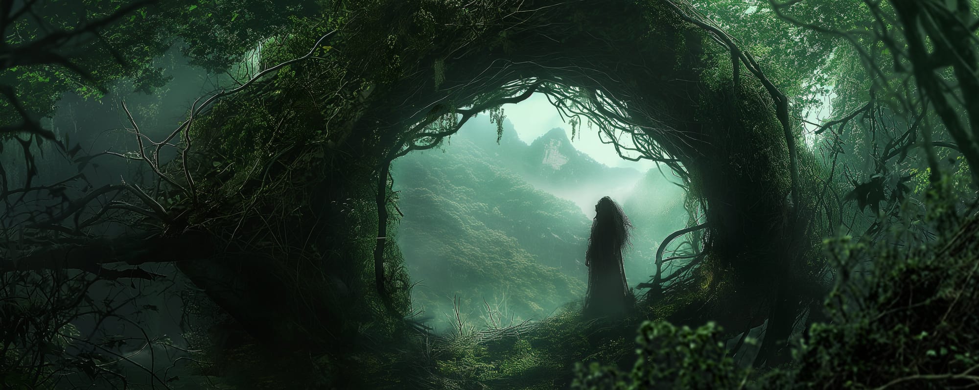 A mountain scene and the shadow of a woman visible through an arch of branches and vines.