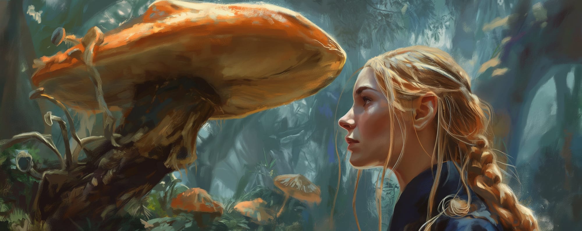 Daralis, disciple of the Thorgarick, stares at an large orange mushroom.