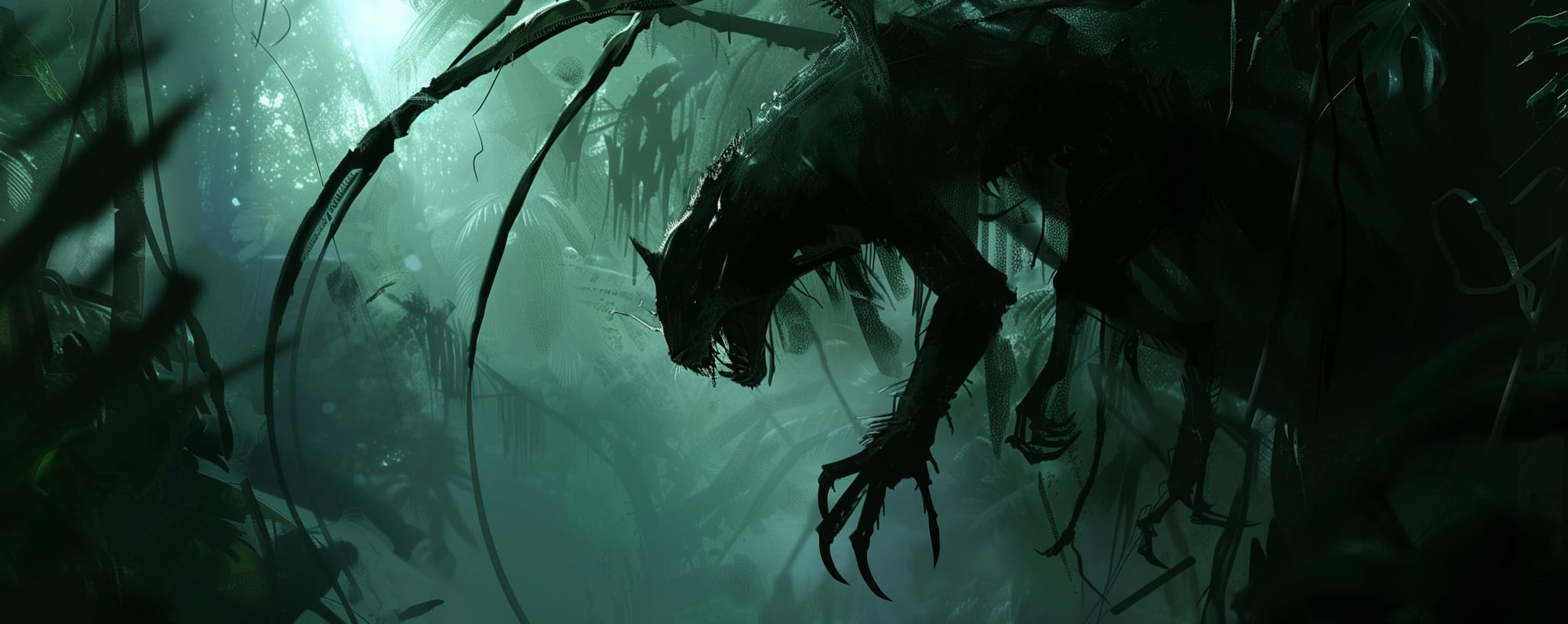 A shadowy beast, both insectoid and feline, stalks the jungle.