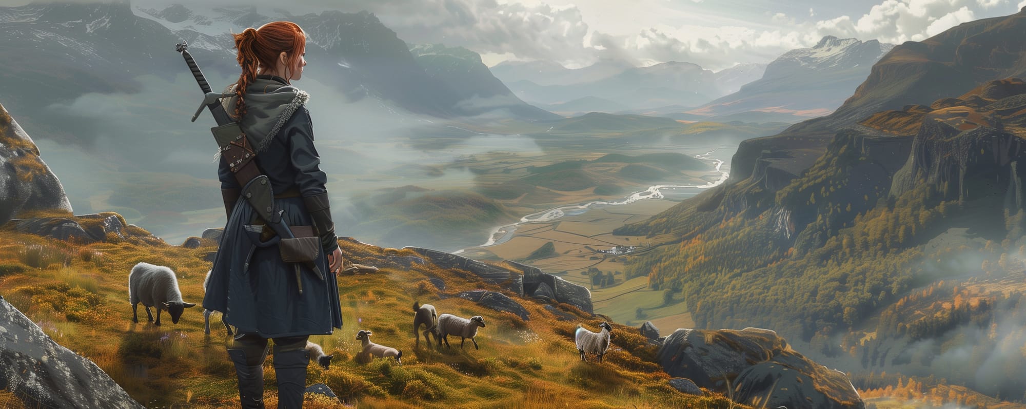 Fleta stands on a hill with grazing goats overlooking a mountain valley, a sword strapped to her back.