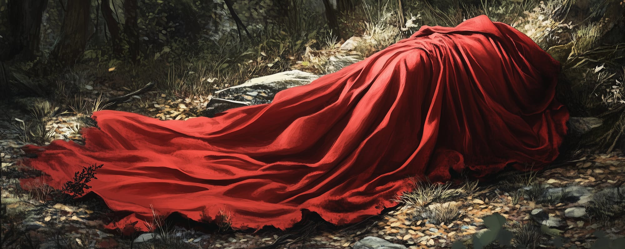 A torn red cloak lying crumpled on the forest floor.