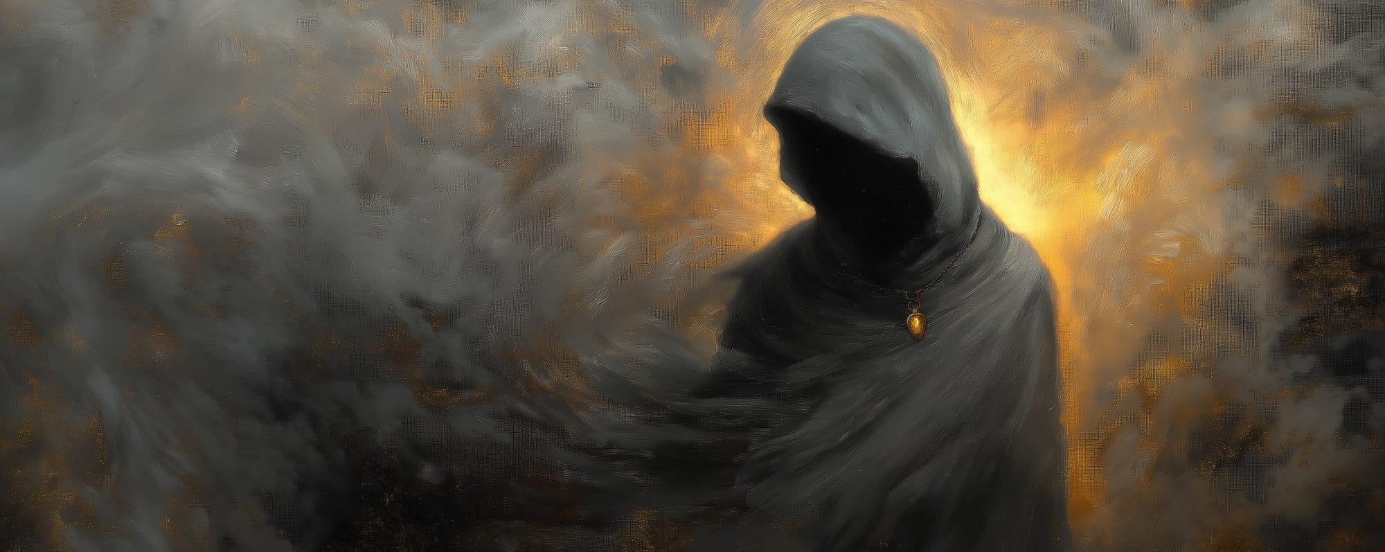 A grey cloaked figure in swirling dark mist, wearing a glinting locket.