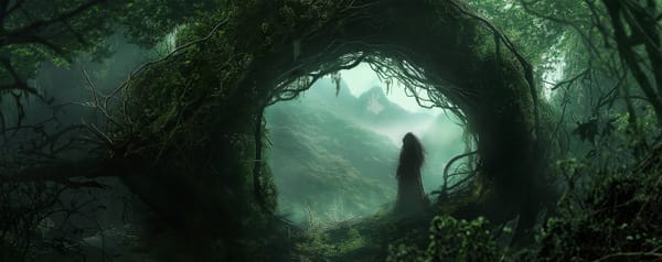 A mountain scene and the shadow of a woman visible through an arch of branches and vines.