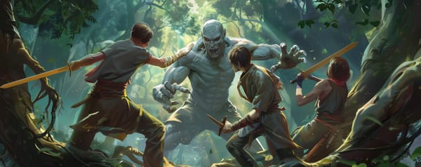 Three warriors fight a monstrous Alexei with wooden swords.