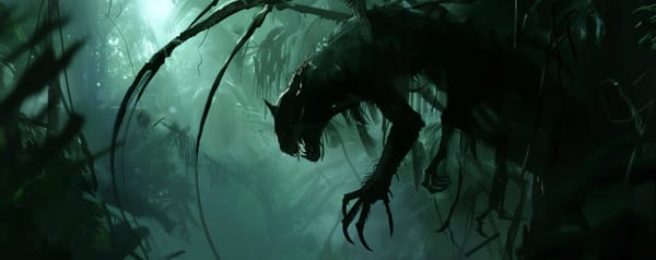 A shadowy beast, both insectoid and feline, stalks the jungle.