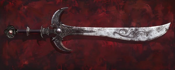 An ornate falchion on a dark red background