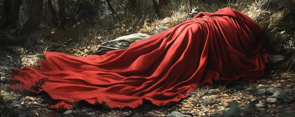 A torn red cloak lying crumpled on the forest floor.