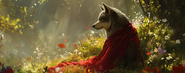 A wolf sits in a bed of flowers with a red cloak draped over it.